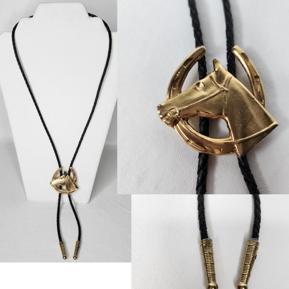Unbranded Jewelry - Bolo Tie Gold Tone Horse Head Horseshoe on 18" Braided Black Cord Necklace